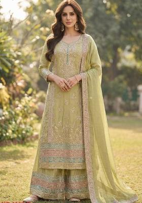 Green Embroidered Silk Blend Salwar Kameez