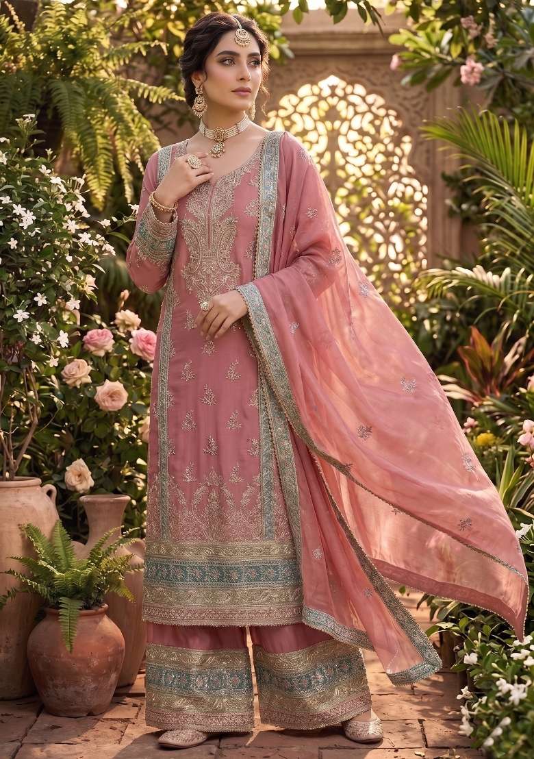 Pink Embroidered Silk Blend Salwar Kameez - Indya