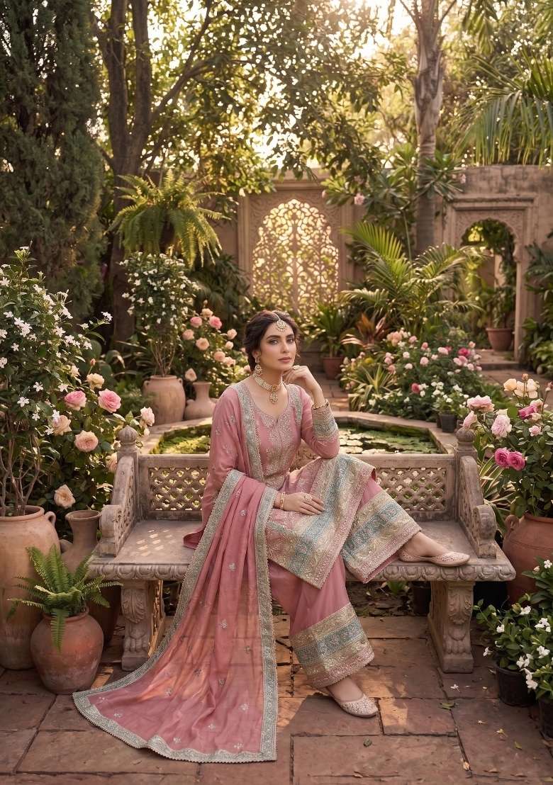 Pink Embroidered Silk Blend Salwar Kameez - Indya