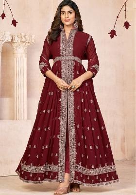 Maroon Embroidered Georgette Anarkali Set