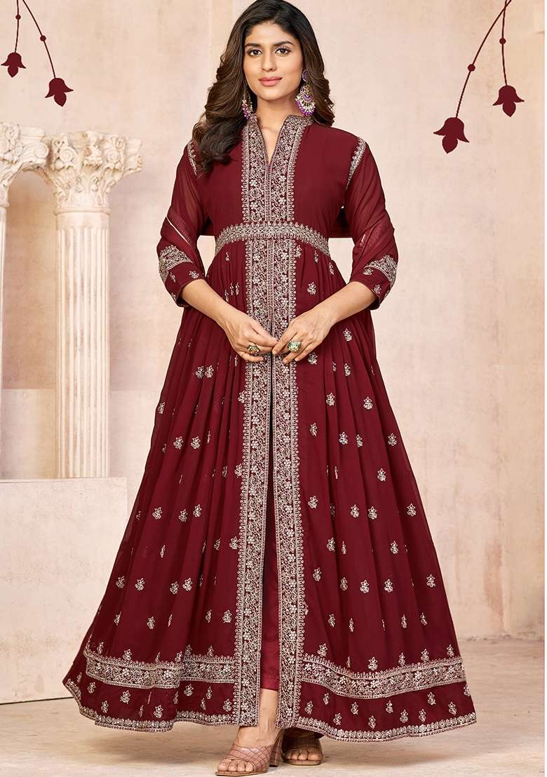 Maroon Embroidered Georgette Anarkali Set - Indya