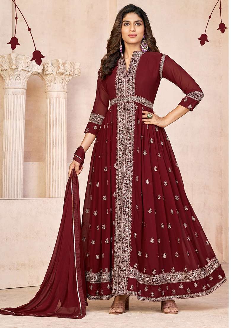 Maroon Embroidered Georgette Anarkali Set - Indya