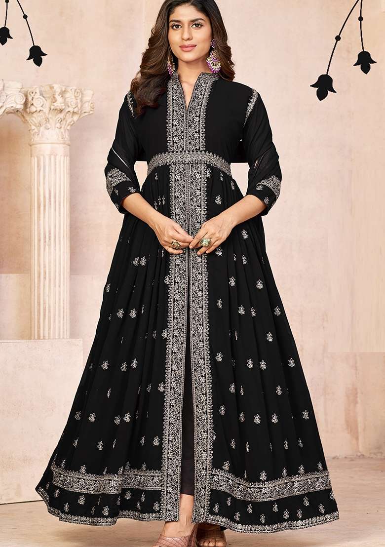 Black Embroidered Georgette Anarkali Set - Indya