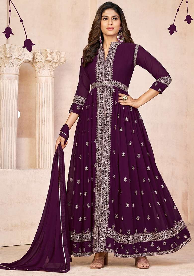 Wine Embroidered Georgette Anarkali Set - Indya