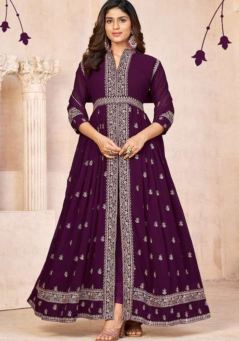 Wine Embroidered Georgette Anarkali Set