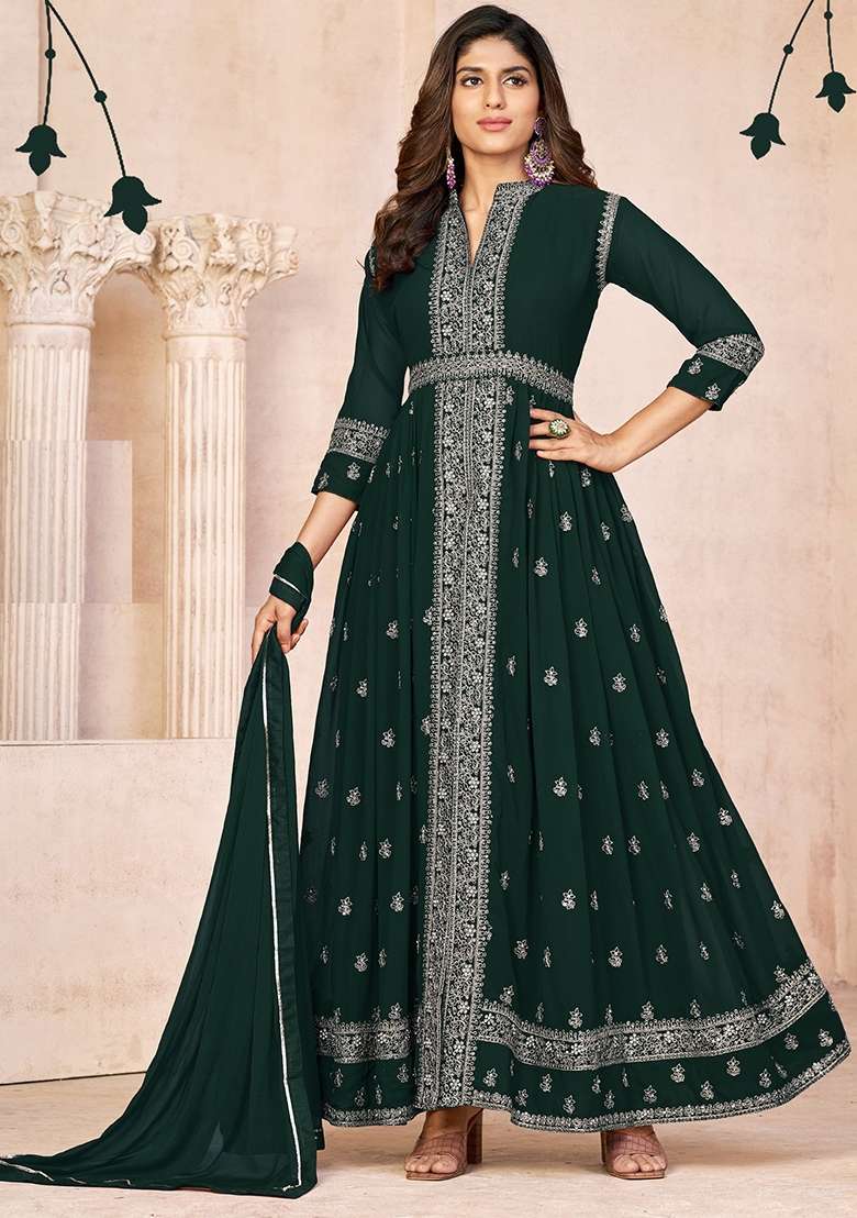 Green Embroidered Georgette Anarkali Set - Indya