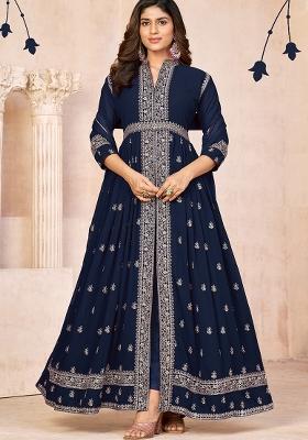 Navy Blue Embroidered Georgette Anarkali Set
