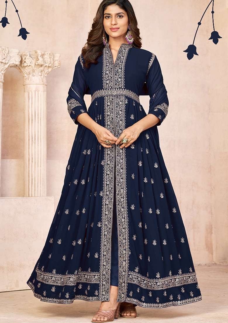 Navy Blue Embroidered Georgette Anarkali Set - Indya