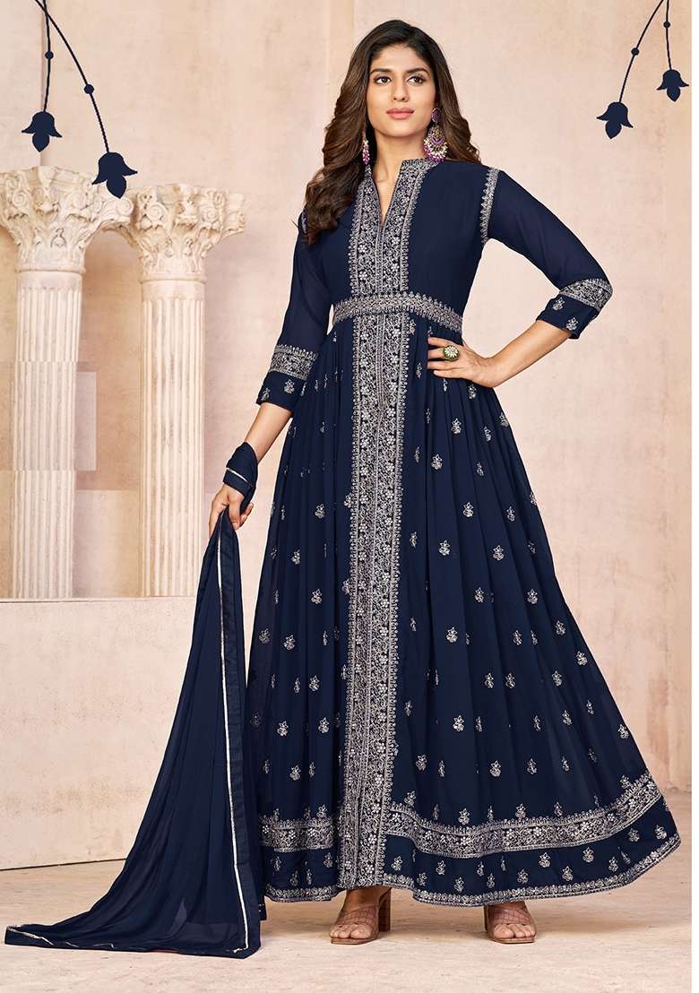 Navy Blue Embroidered Georgette Anarkali Set - Indya