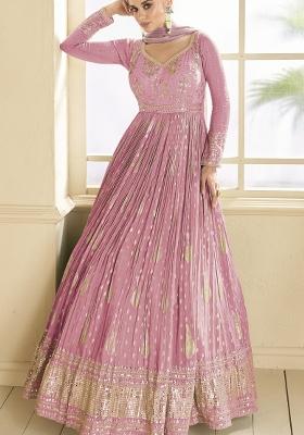 Purple Embroidered Viscose Anarkali With Dupatta