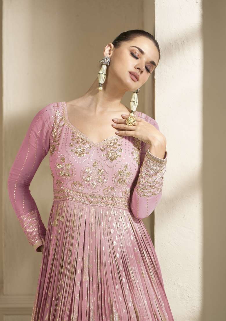 Purple Embroidered Viscose Anarkali With Dupatta - Indya