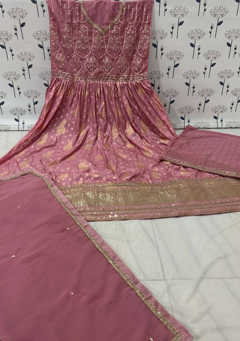 Purple Embroidered Viscose Anarkali With Dupatta - Indya