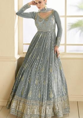 Grey Embroidered Viscose Anarkali With Dupatta