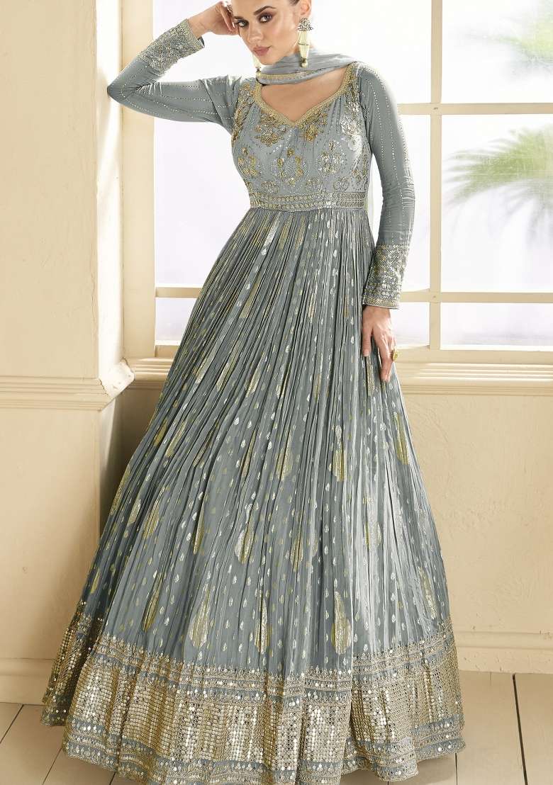 Grey Embroidered Viscose Anarkali With Dupatta - Indya