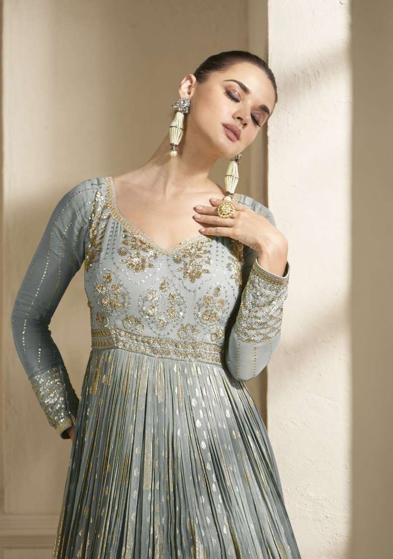 Grey Embroidered Viscose Anarkali With Dupatta - Indya