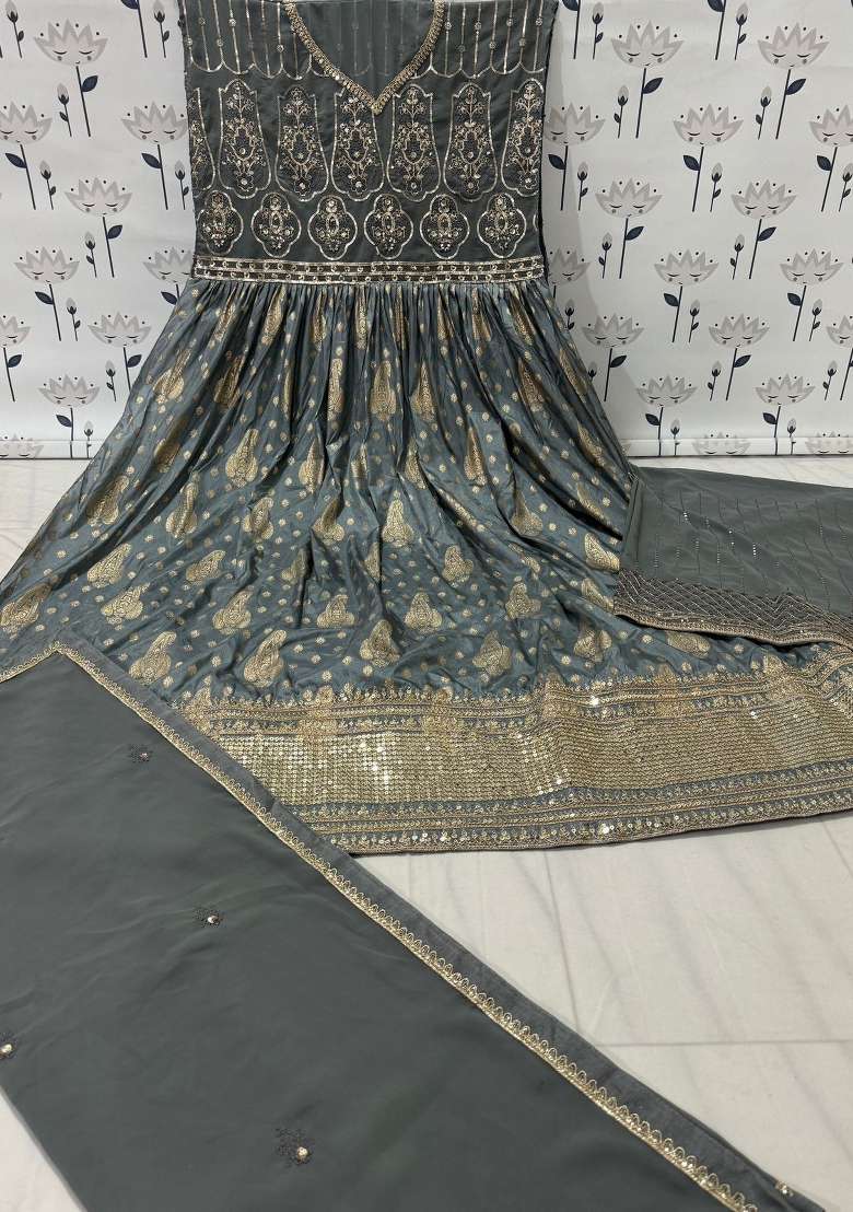 Grey Embroidered Viscose Anarkali With Dupatta - Indya