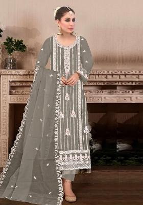 Dark Grey Embroidered Georgette Pakistani Suit