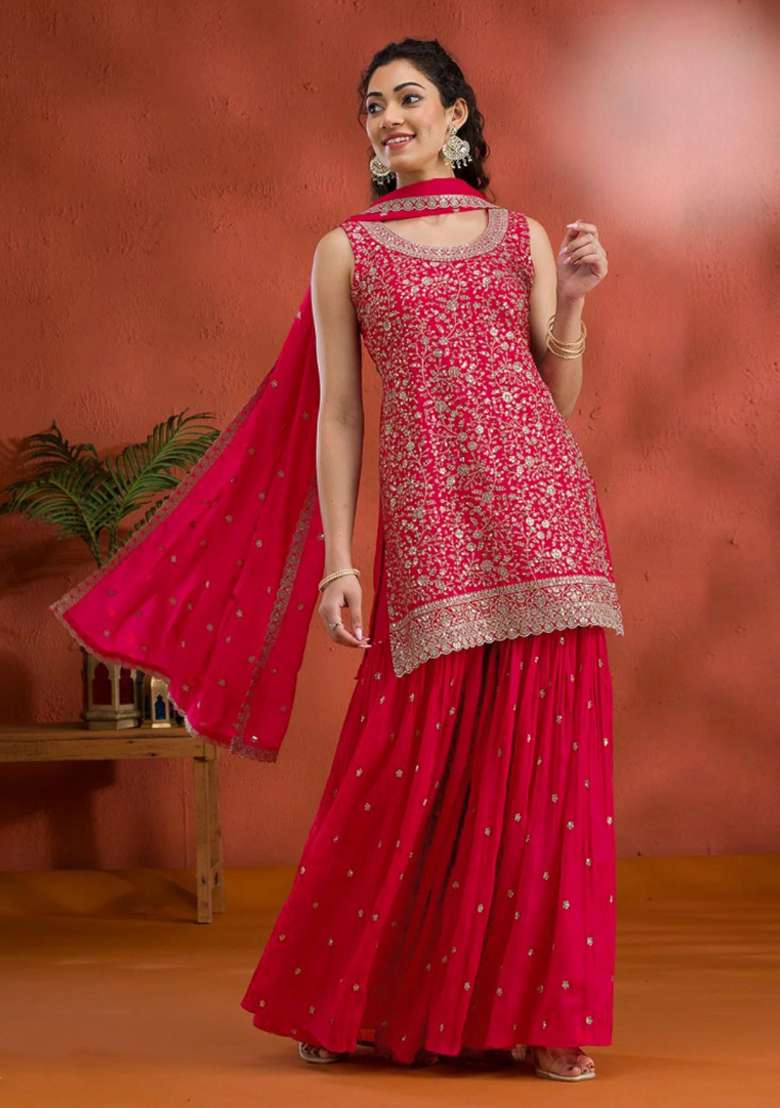 Red Embroidered Georgette Salwar Kameez - Indya