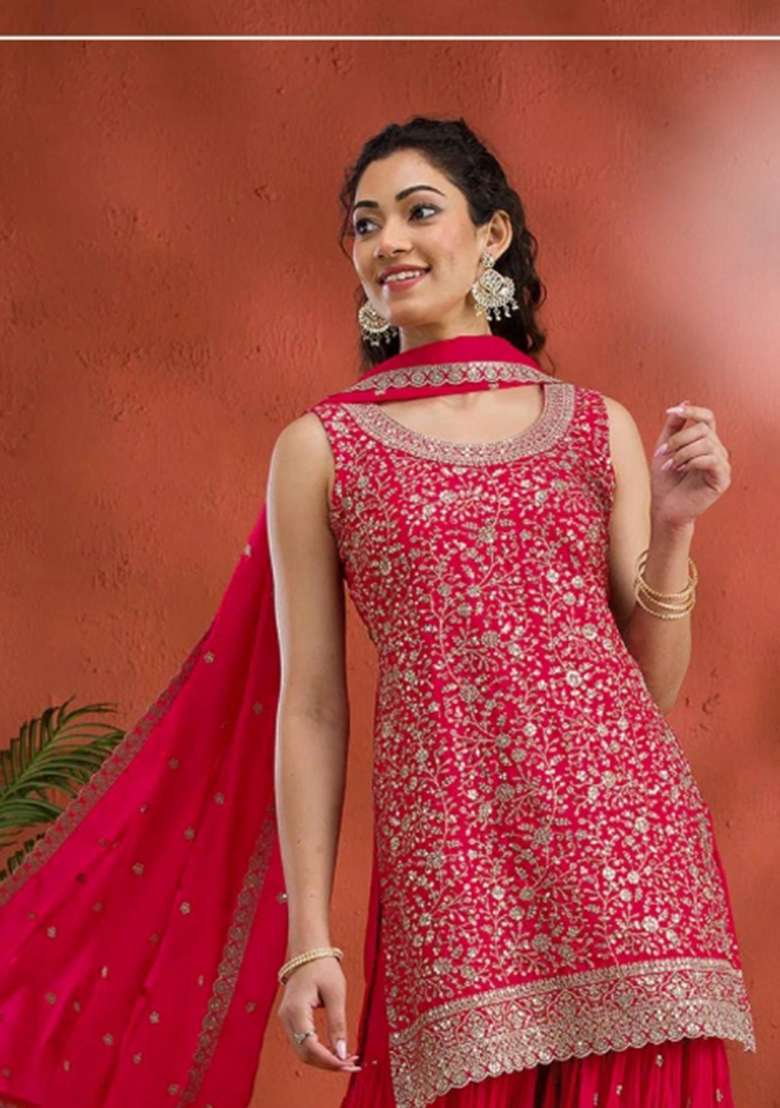 Red Embroidered Georgette Salwar Kameez - Indya