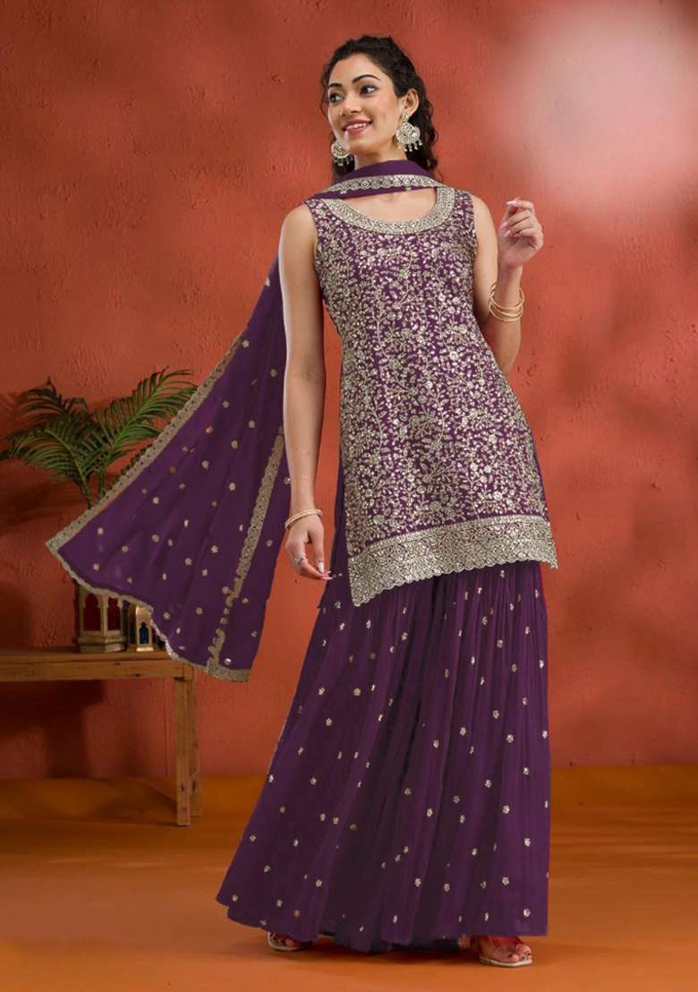 Purple Embroidered Georgette Salwar Kameez - Indya