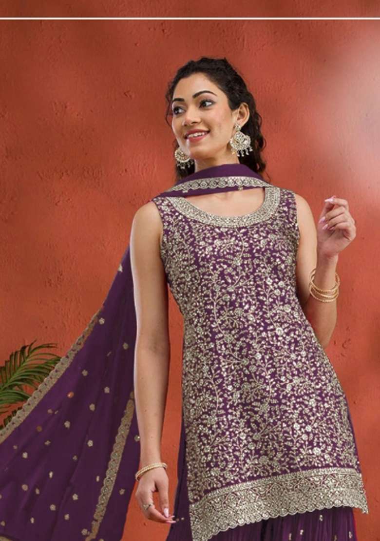 Purple Embroidered Georgette Salwar Kameez - Indya