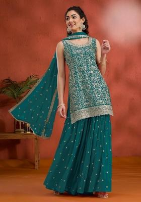 Teal Green Embroidered Georgette Salwar Kameez