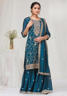 Teal Blue Embroidered Silk Salwar Kameez