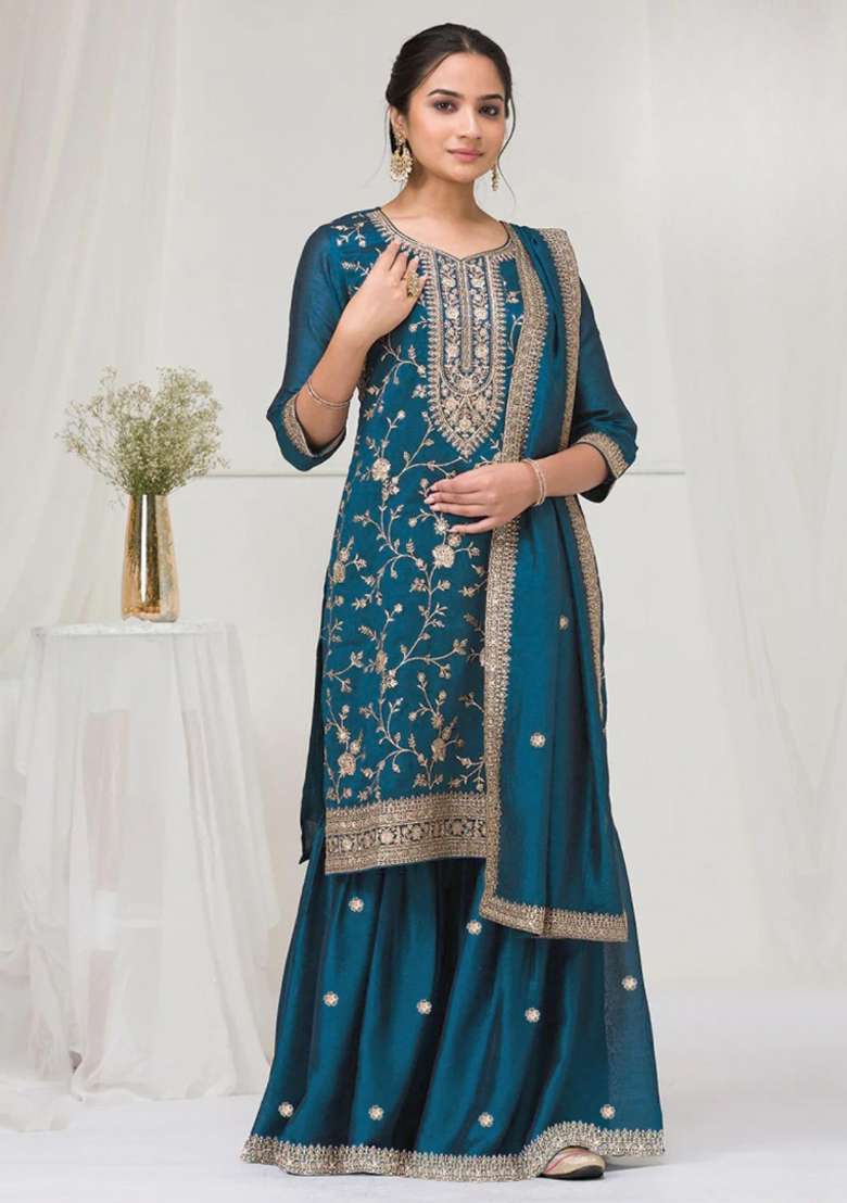 Teal Blue Embroidered Silk Blend Salwar Kameez - Indya