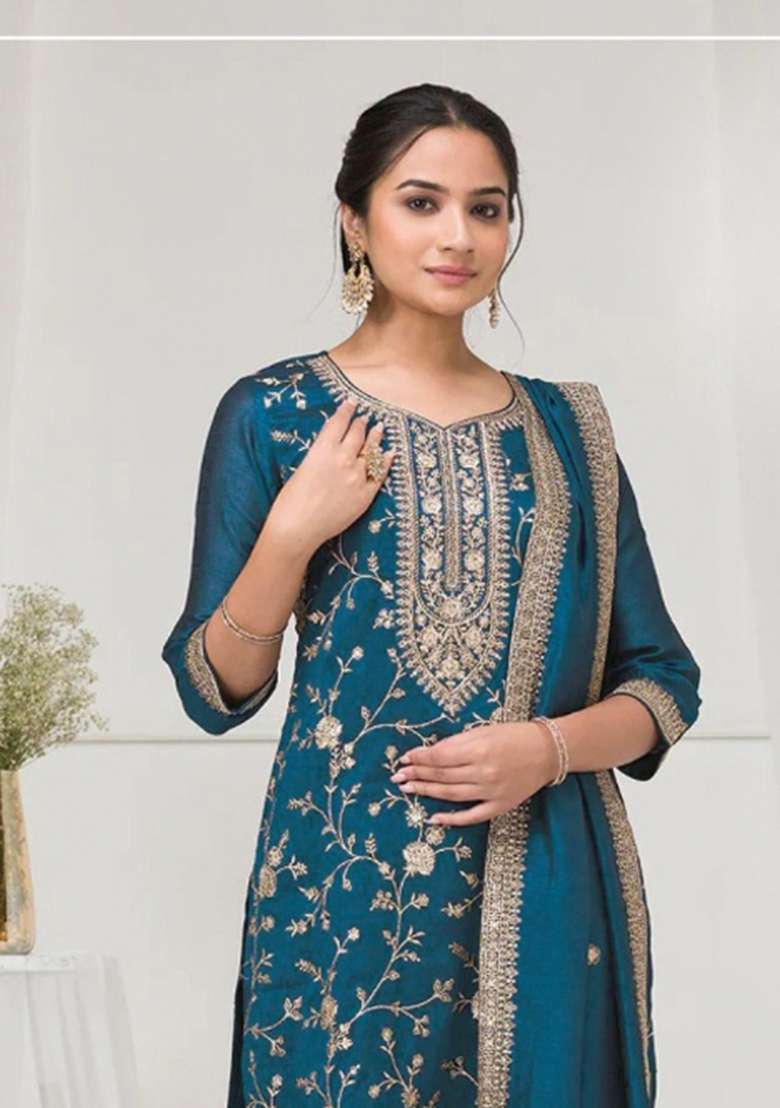 Teal Blue Embroidered Silk Blend Salwar Kameez - Indya