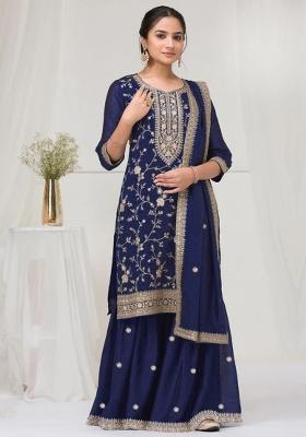 Navy Blue Embroidered Silk Salwar Kameez