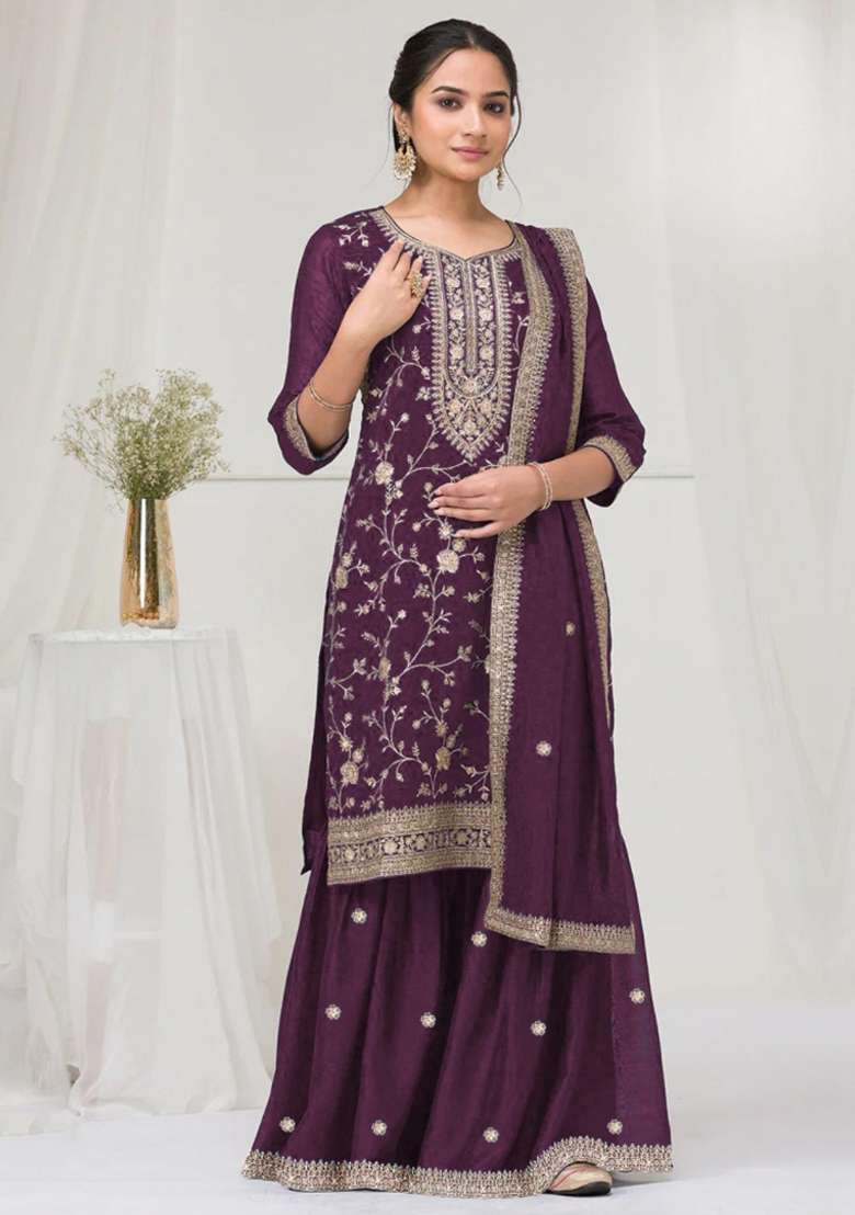 Wine Embroidered Silk Blend Salwar Kameez - Indya