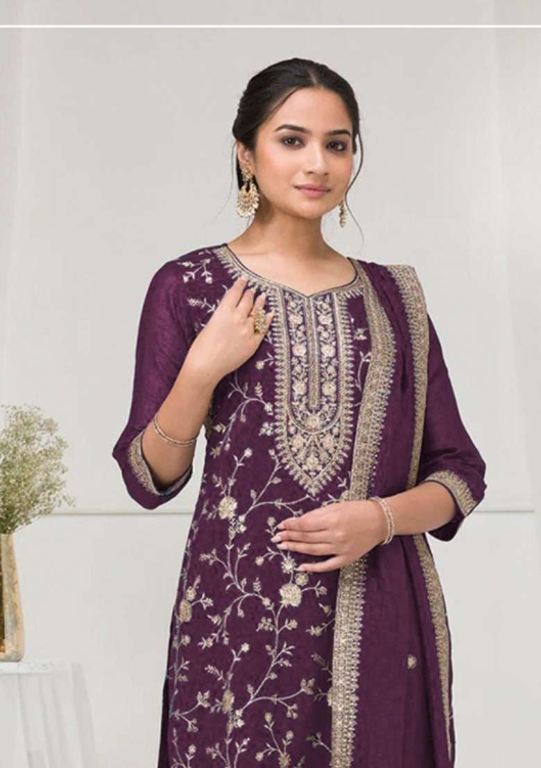 Wine Embroidered Silk Blend Salwar Kameez - Indya