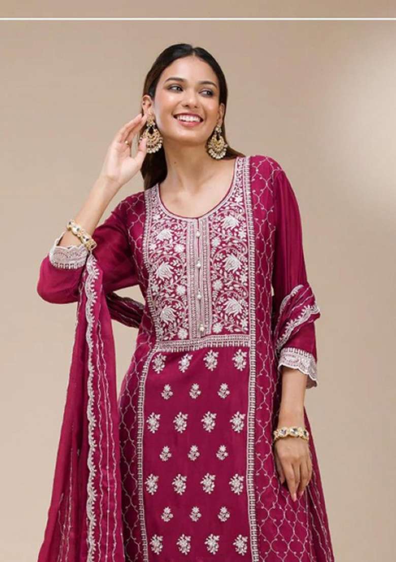 Maroon Embroidered Georgette Salwar Kameez - Indya