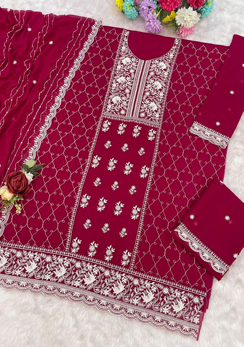 Maroon Embroidered Georgette Salwar Kameez - Indya