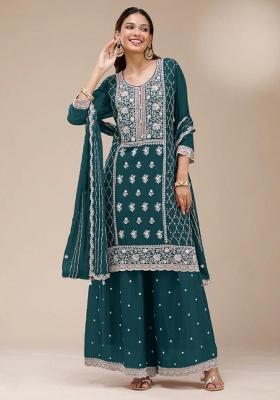 Teal Blue Embroidered Georgette Salwar Kameez