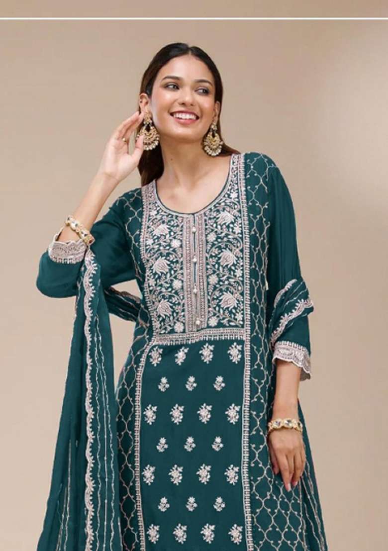 Teal Blue Embroidered Georgette Salwar Kameez - Indya