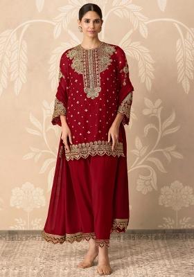 Red Embroidered Georgette Salwar Kameez