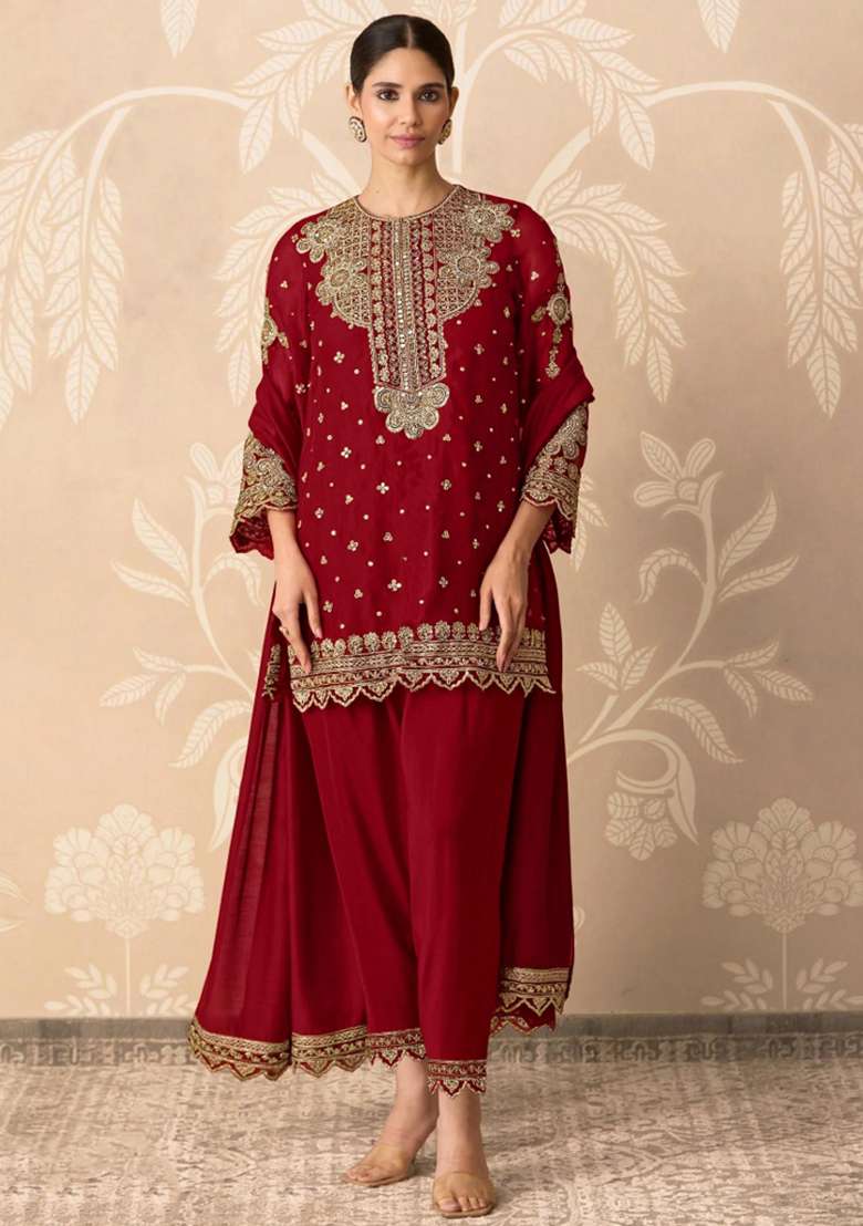 Red Embroidered Georgette Salwar Kameez - Indya