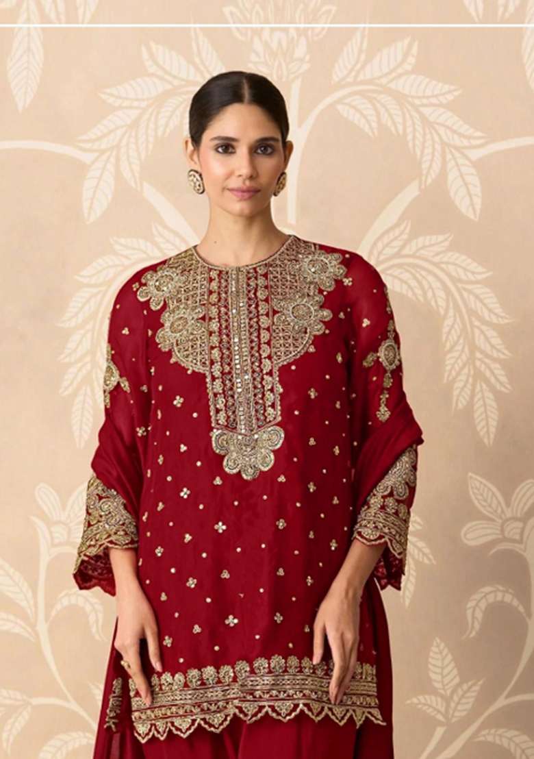 Red Embroidered Georgette Salwar Kameez - Indya