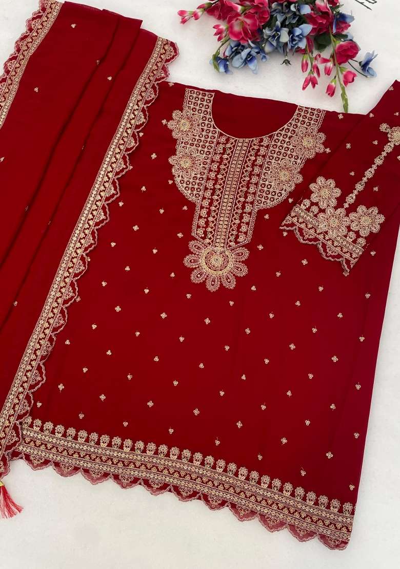 Red Embroidered Georgette Salwar Kameez - Indya