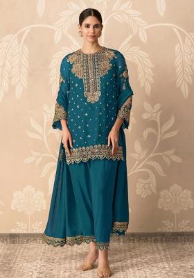 Teal Blue Embroidered Georgette Salwar Kameez