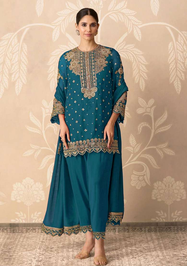 Teal Blue Embroidered Georgette Salwar Kameez - Indya