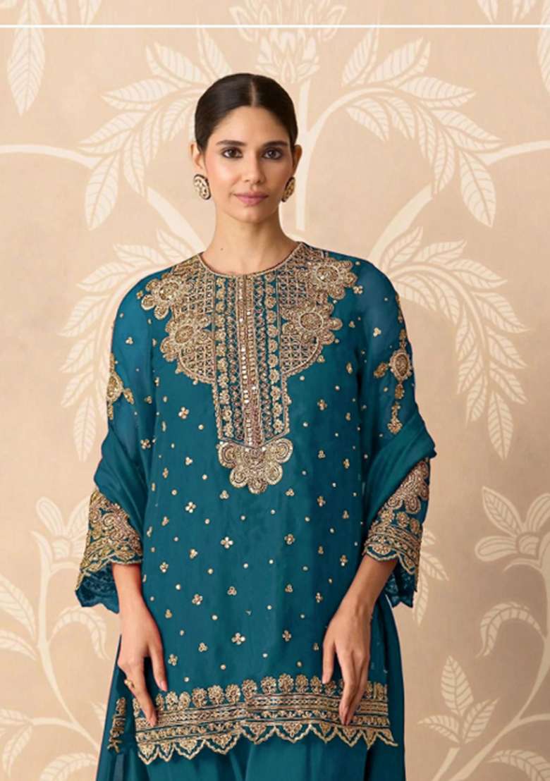 Teal Blue Embroidered Georgette Salwar Kameez - Indya