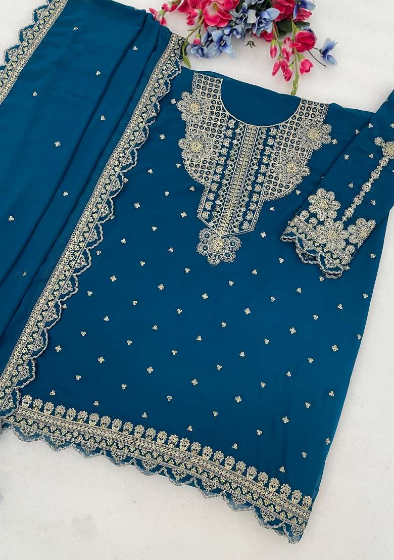 Teal Blue Embroidered Georgette Salwar Kameez - Indya