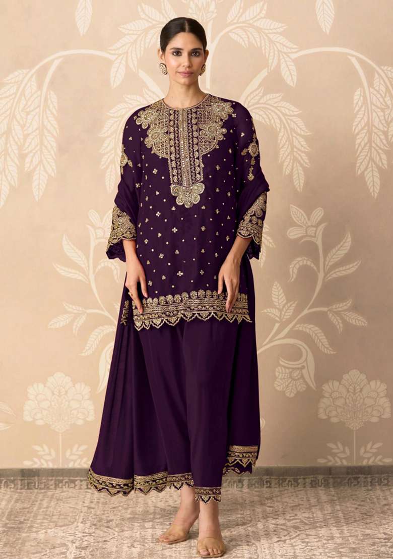 Purple Embroidered Georgette Salwar Kameez - Indya