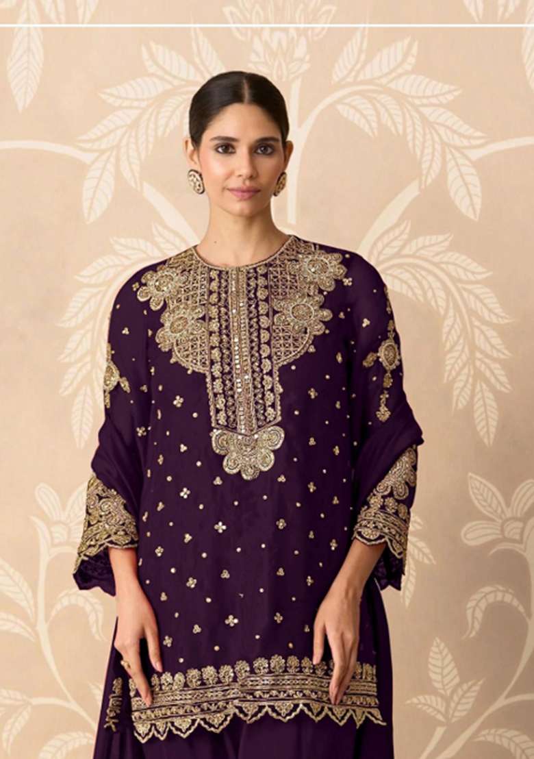 Purple Embroidered Georgette Salwar Kameez - Indya