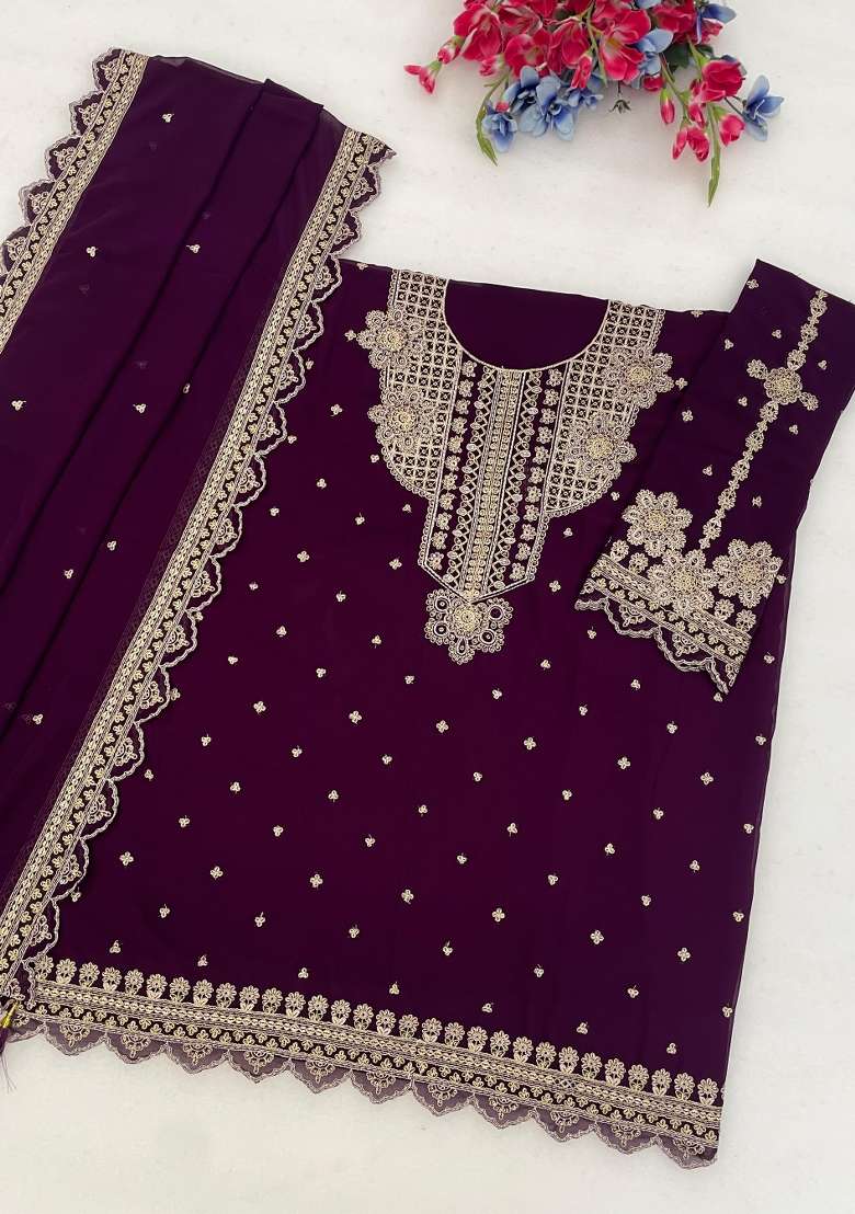 Purple Embroidered Georgette Salwar Kameez - Indya