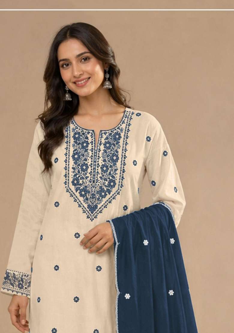 White Embroidered Khadi Salwar Kameez - Indya