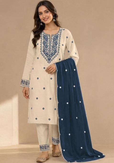 White Embroidered Khadi Salwar Kameez