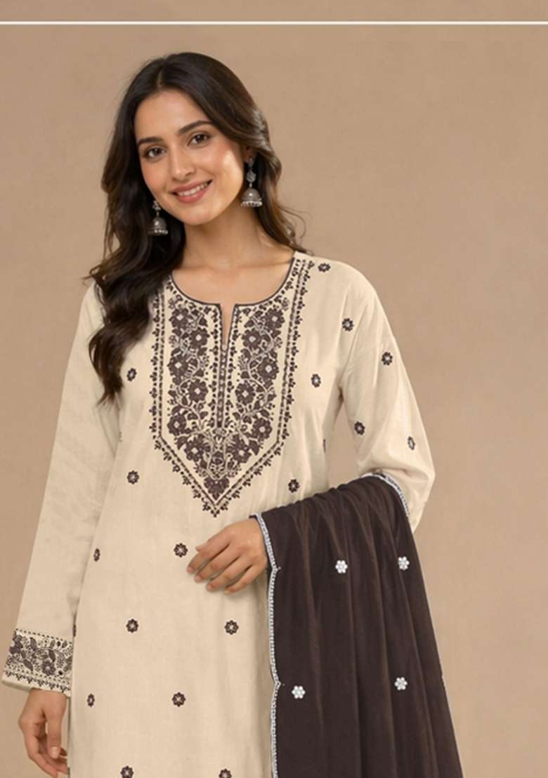 White Embroidered Khadi Salwar Kameez - Indya